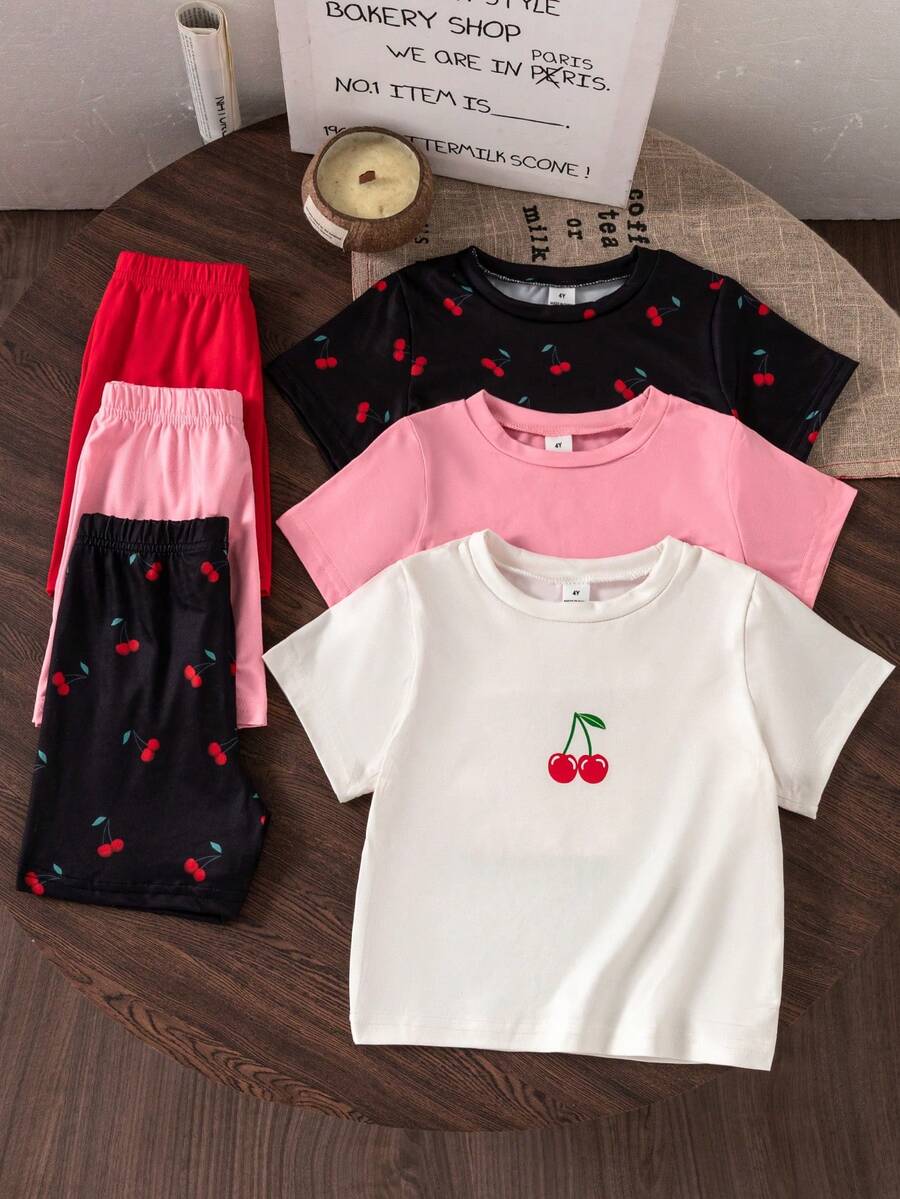 SHEIN 3件套女童可爱迷你樱桃印花休闲宽松短袖T恤短裤套装,适合夏季 - 彩色 - 查看 1
