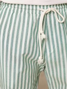HIMLAND Men's Casual Woven Vertical Striped Mid-Waist Drawstring Tapered Pants - Green - View 5
