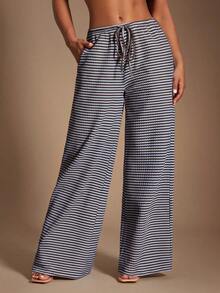 Radiana Women's Blue Striped Wide Leg Pants With Drawstring Waist And Side Pockets Casual And Comfortable Lounge Bottoms - Blue - View 3