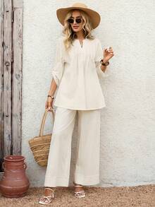 EMERY ROSE Women's Casual Solid Color Notched Neck Loose Top And Wide Leg Pants 2 Pieces Set,Summer Outfits For Women - Beige - View 5