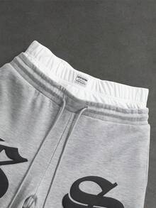 SLATEMANN Men's Letter Print Drawstring Waist Oblique Pocket Casual Shorts, Spring/Summer - Grey - View 5