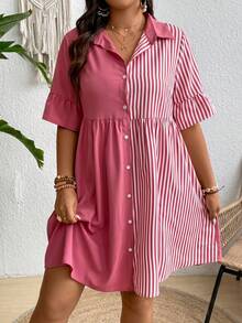 SHEIN Clasi Plus Size Solid Color Striped Patchwork Short Sleeve Shirt Dress - Red - View 5