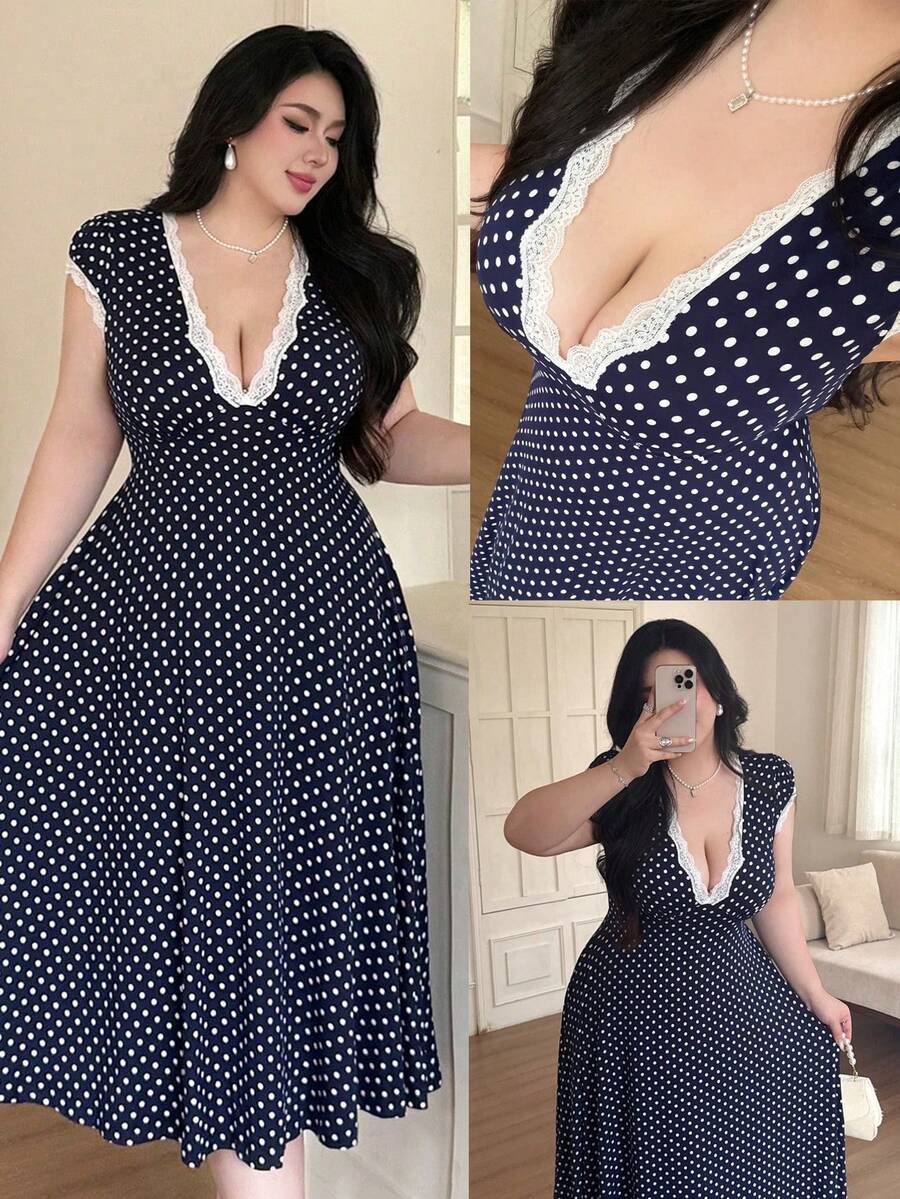 Vibekara Plus Size Polka Dot Lace V-Neck Dress, Spring/Summer - Navy Blue - View 1