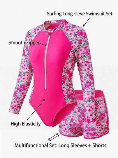 Kids Tween Girls Ditsy Floral Bikini Sets, Tropical Plant Print Swimsuit With Rash Guard, Long Sleeve Swimwear, Teenage Girls Swimsuit With Zipper Shorts, Long Sleeve Swimsuit Set, Swimsuit With Rash Guard Pants, Children Swimwear, Long Sleeve, Young Girls Conservative Swimsuit, Girls Holiday Outfit, Long Sleeve Swimsuit With Shorts