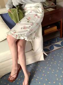 DAZY Women's Elegant Floral Print Ruffle Hem Skirt, Vacation Style - Apricot - View 8