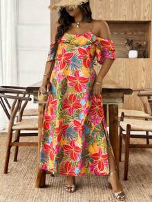 Breezaya Robe d'été à bretelles fines, manches courtes, ourlet fendu, grande taille, multicolore, printemps/été/automne - Multicolore - Voir 3