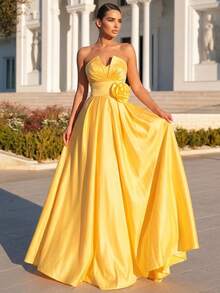 Glamrae Elegante y lujoso vestido de satén con estampado floral sin tirantes y largo, adecuado para bodas, fiestas, vacaciones, bailes y eventos formales (con abundantes adornos) - Amarillo - Ver 6