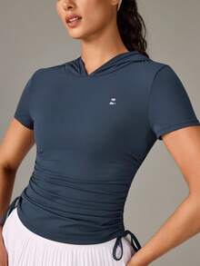 OutZeal Women Sports Tee Gym Workout Wear Soft Stretch Slim Fit Side Ruched Drawstring Hood Active Tops - Blue - View 6