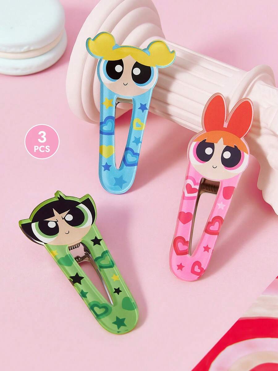 THE POWERPUFF GIRLS X SHEIN 3入組可愛卡通圖案壓克力髮夾，禮物，髮飾髮卡 - 彩色 - 查看 1