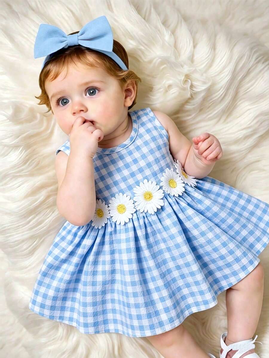 SHEIN 女嬰新生兒洋裝 藍色夏季可愛度假風 黃色編織面料 碎花刺繡 戶外婚禮派對拍照穿搭 1-9個月