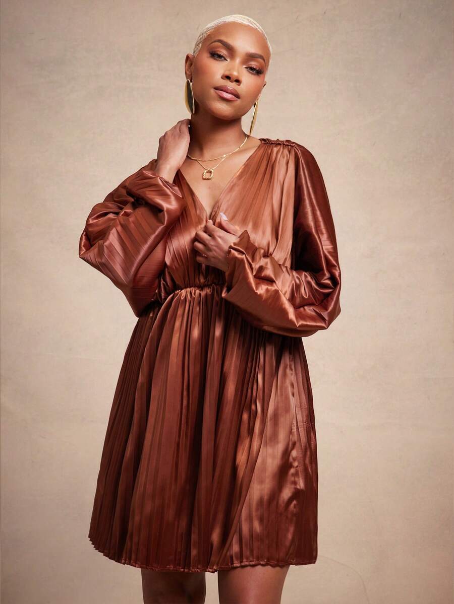 Vixey Solid Satin Cocoon Long Sleeve V Neckline Pleated Short Dress - Brown - View 1