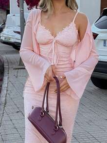 Joudiya Conjunto de 2 piezas para mujer de top corto de gasa rosa con nudo delantero, falda de encaje texturizada y vestido de tirantes finos, para primavera y verano, uso casual en casa/playa/vacaciones/viajes - Rosa - Ver 9