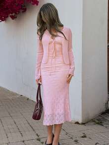 Joudiya Conjunto de 2 piezas para mujer de top corto de gasa rosa con nudo delantero, falda de encaje texturizada y vestido de tirantes finos, para primavera y verano, uso casual en casa/playa/vacaciones/viajes - Rosa - Ver 11