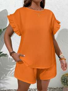 EMERY ROSE Conjunto de 2 piezas de top y shorts de unicolor casual de verano para mujer de talla grande - Naranja - Ver 5