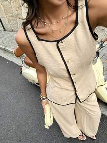 Serisse Bộ đồ nữ thường ngày 2 mảnh: Áo vest cài khuy đơn và quần dài. - Màu be - Xem 7