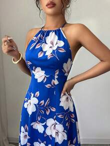 Elenzga 女士优雅时尚通勤休闲舒适迷人复古简约高端浪漫度假夏季沙滩无袖吊带A字下摆缎面大碎花连衣裙（随机印花） - 藍色 - 查看 5