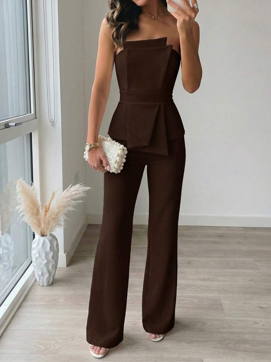 Firerie Bộ jumpsuit thanh lịch, tinh tế, tối giản, trang nhã, lãng mạn, thời trang và đa năng, phù hợp cho đi làm, dạo phố, nghỉ lễ, đám cưới, ngày Valentine và các buổi hẹn hò. - màu nâu - Xem 1