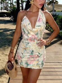 Firerie Women's Elegant Sexy Delicate Romantic Vacation Party Music Festival Date Green Backless Floral Print Bodycon Mini Dress With Metal Decor,Dresses For Women Summer - Apricot - View 11