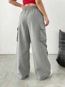 SHEIN Tall CURVE Plus Size Casual Solid Color Drawstring Waist Flap Pocket Cargo Pants - Light Grey - View 2
