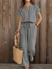 EMERY ROSE 女士梭织条纹休闲夏季连体裤 - 黑色 - 查看 6