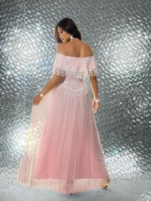 Viva Relle Große Größen Damen Frühling/Sommer Neuer Luxus Socialite Stil Nude Pink & Weiß Patchwork Kleid, Off-Shoulder Spitze Quaste Taille Raffung Mesh Kleid. Geeignet für hochwertige Galas, Brautjungfern, Valentinstag Atmosphäre, Roter Teppich, Luxus Socialite Mode - Verschiedenfarbig - Übersicht 2