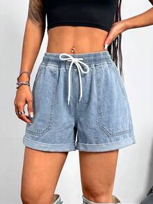 SHEIN PETITE CURVE Plus Size Women Drawstring Waist Pockets Casual Versatile Denim Shorts Jorts - Light Wash - View 4