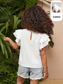 SHEIN Young Girl Woven Solid Color Round Neck Ruffle Casual Blouse - White - View 2