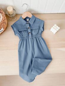 SHEIN LMoss Kids Bộ áo liền quần ngắn tay cổ bẻ dễ thương mùa hè cho bé gái - Màu xanh bụi bặm - Xem 4