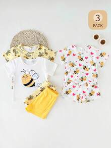 SHEIN Playful Pals 6件套女婴可爱蜜蜂、向日葵、爱心图案短袖上衣和松紧腰短裤套装，数码印花，休闲舒适，适合户外玩耍，春夏百搭 - 黃色 - 查看 8
