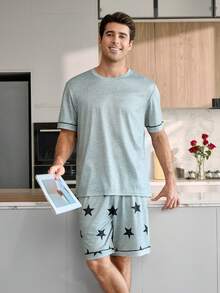 CoupledUp Conjunto de Pijama Masculino Casual com Estampa de Estrela, Manga Curta Solta e Shorts - Cinza - Visão 7