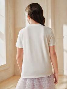 Anewsta Camiseta de manga corta con bordado y cuentas para niñas, camiseta gráfica, top brillante, adecuado para combinar con pantalones cortos y faldas casuales para el verano - Blanco - Ver 2