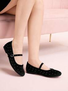 CUCCOO DOLLMOD Chaussures à bout rond, à tige basse avec boucle, semelle souple, chaussures rétro françaises pour femmes à enfiler, chaussures de grand-mère cloutées, chaussures de ballet polyvalentes de mode pour femmes, Chaussures de la Saint-Valentin - Noir - Voir 8