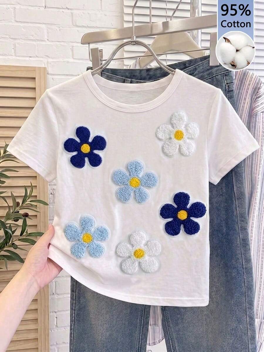 SHEIN EZwear 95%纯棉女士休闲修身圆领T恤，花卉刺绣，女士休闲装 - 彩色 - 查看 1