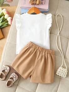 Elladie kids 4-7岁女童两件套：可爱蝴蝶结装饰串珠短袖上衣和松紧腰串珠开衩短裤，适合日常生活、派对和其他场合。 - 杏色 - 查看 2