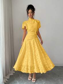 Modelyn Tie-Waist Ruched Cutout Flare Dress For Women - Yellow - View 8