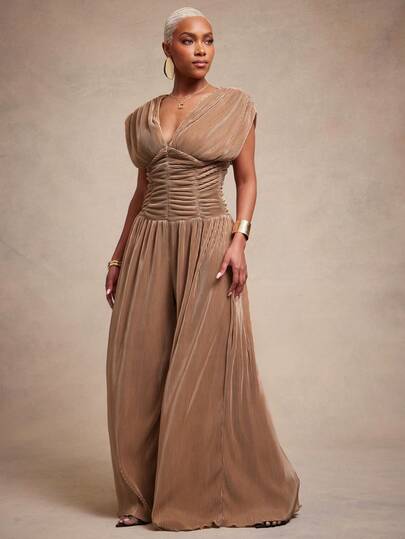 Vixey Plisse Draped V Neck Ruched Drop Waist Wide Leg Jumpsuit