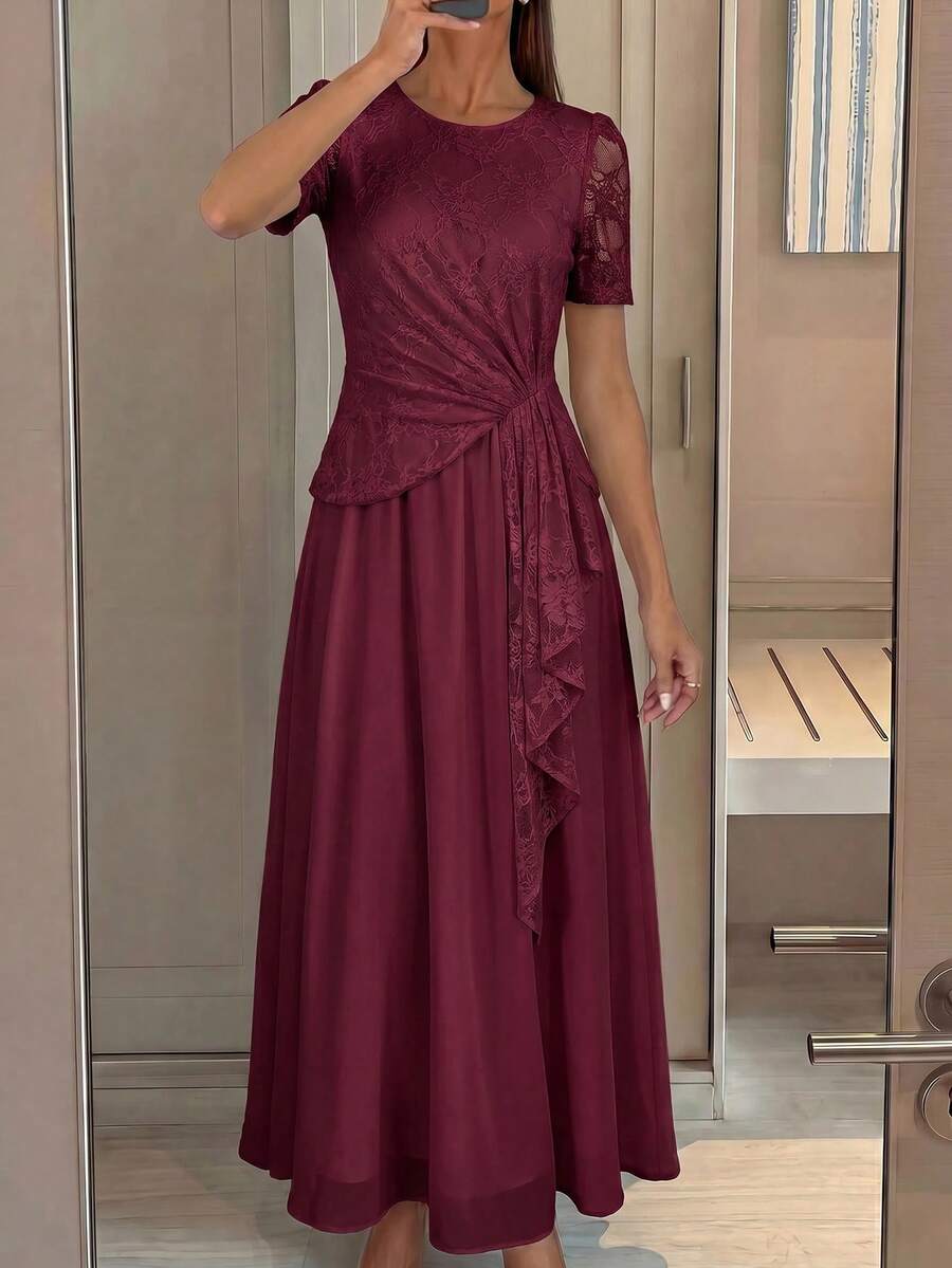 Modelyn 女士纯色荷叶边蕾丝拼接圆领短袖连衣裙 - 酒紅色 - 查看 1