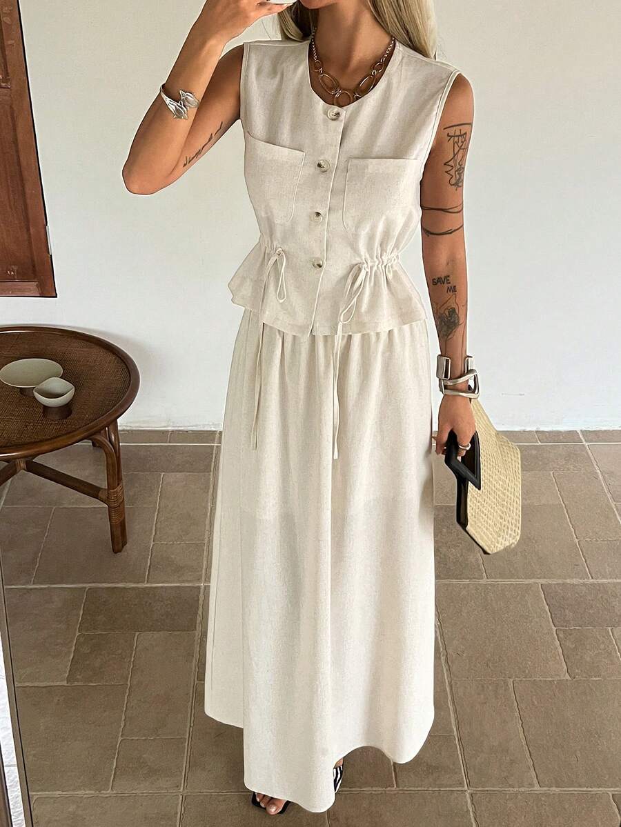 Livesso Women's Solid Color Single-Breasted Drawstring Waist Vest Shirt And Mini Skirt Casual 2-Piece Set, Spring/Summer - Khaki - View 1