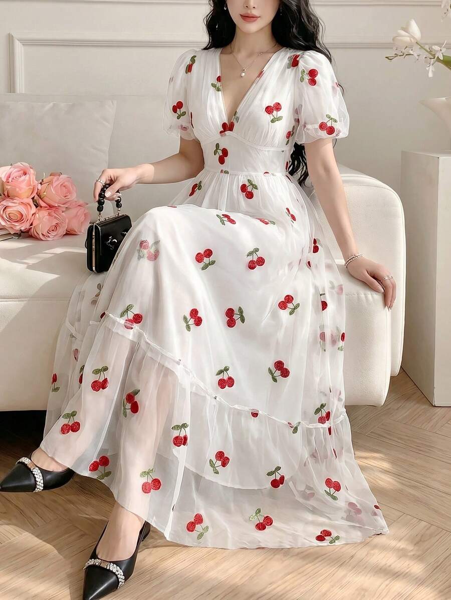 Celisse Women's V-Neck Embroidered Mesh Waist Dress, Elegant Resort Wear For Spring/Summer - Multicolor - View 1