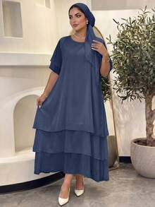 Auveirra Plus Size Casual Dress, White Round Neck Sleeveless Asymmetrical Flowing Hem Bohemian Dress, Suitable For Spring/Summer/Vacation Elegant - Dusty Blue - View 6