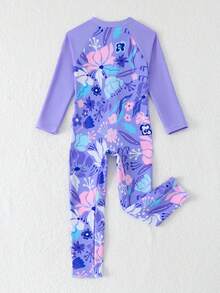 SHEIN 女童连体泳衣，可爱宝贝海滩度假紫色热带花卉针织连体裤，长袖长裤，保守防晒拉链设计，时尚休闲优雅女士款，适合游泳、夏季度假、海滩、泳池、度假派对 - 紫色 - 查看 2
