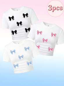 3pcs Tween Girl Sweet Bow Print Fitted Short T-Shirt, Sweet & Style Switchable Pleated Short Sleeve Top Dress Set - White - View 1