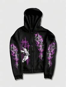 ROMWE MEN Goth 男士连帽长袖抽绳时尚印花拉链卫衣 - 黑色 - 查看 1