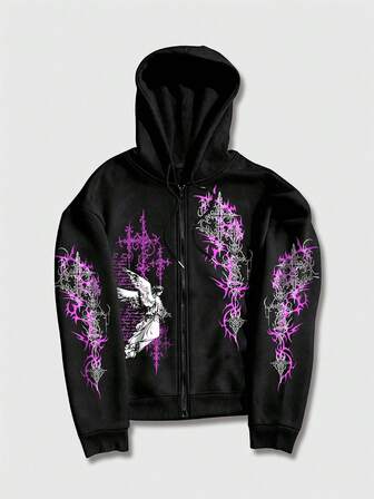 Goth Felpa con cappuccio da uomo a maniche lunghe con coulisse, con stampa alla moda e chiusura lampo