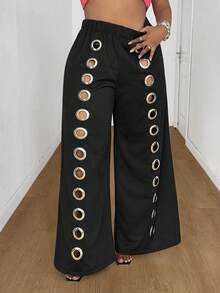 Maweii Plus Size Women's Black Cool Casual Punk Style Iron Ring Hollow Out Loose Wide Leg Pants Fall - Black - View 7