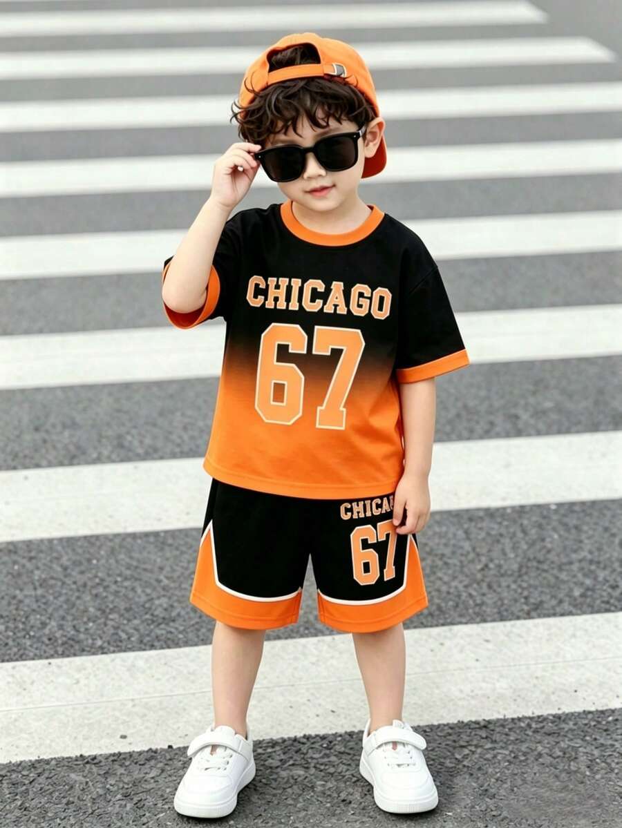 Set de 2 piezas de camiseta de manga corta y pantalones cortos con estampado degradado casual y creativo para niños pequeños, uso cómodo para primavera, verano y otoño - Multicolor - Ver 1