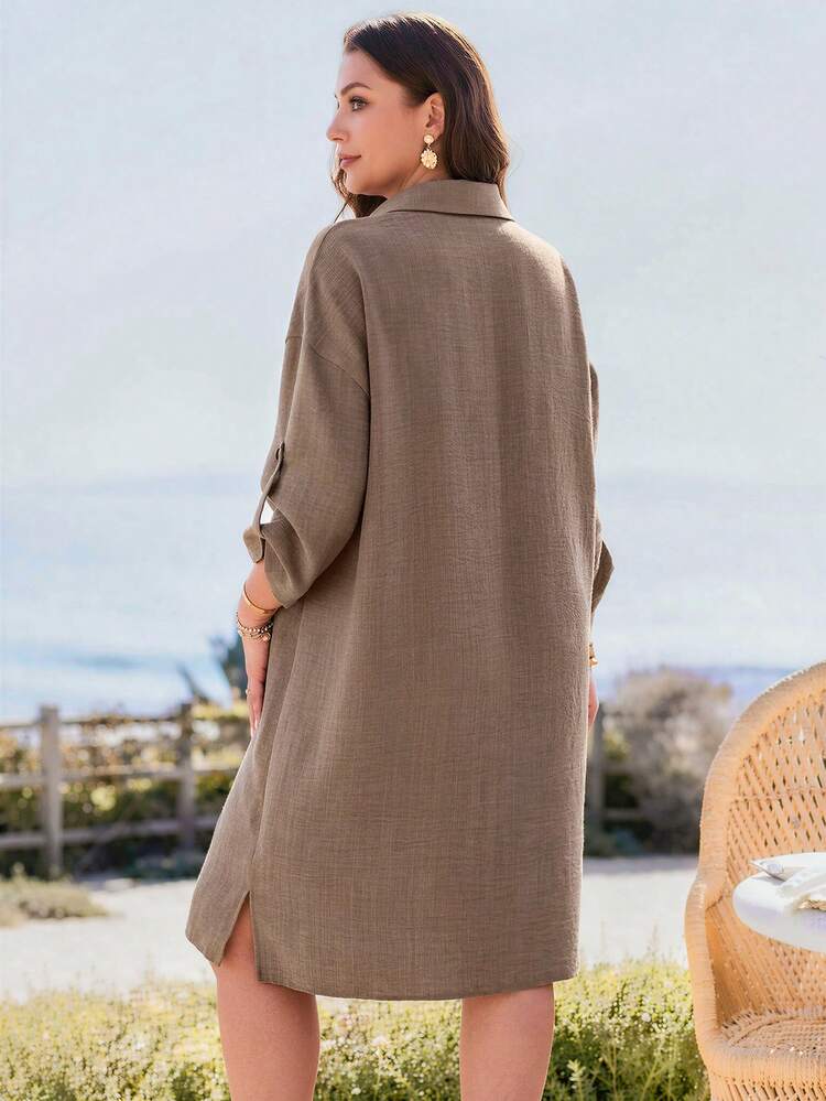 Plus Size Casual Front Button Pocket Long Sleeve Dress