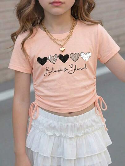 Camiseta de manga corta con cuello redondo, ajustada y con pliegues laterales para niñas y preadolescentes