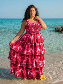 SHEIN CURVE+ Plus Size Women's Elegant Brown Summer Boho Flowy Vacation Holiday Dress,Printed Ruffle Edge Camisole Neckline Waist Cinching Cut For Party Gym - Multicolor - View 8
