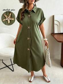 Ceyna Plus Size Women's Olive Green Summer Vacation Holiday Maxi Dress,Starfish Metal Button Decor,Textured Woven Raglan Sleeve Crew Neck Asymmetric Dress - Army Green - View 3